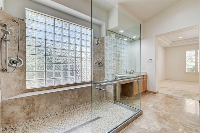 536 Pima Canyon Ct, Las Vegas, NV 89144 - full bathroom with walk in shower, vanity, and recessed lighting
