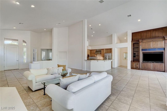 536 Pima Canyon Ct, Las Vegas, NV 89144 - living area with recessed lighting, light tile patterned floors, and high vaulted ceiling