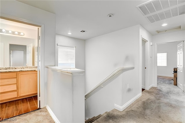 4440 Acropolis Ave, North Las Vegas, NV 89031 - hallway featuring an upstairs landing, carpet, recessed lighting, and attic access