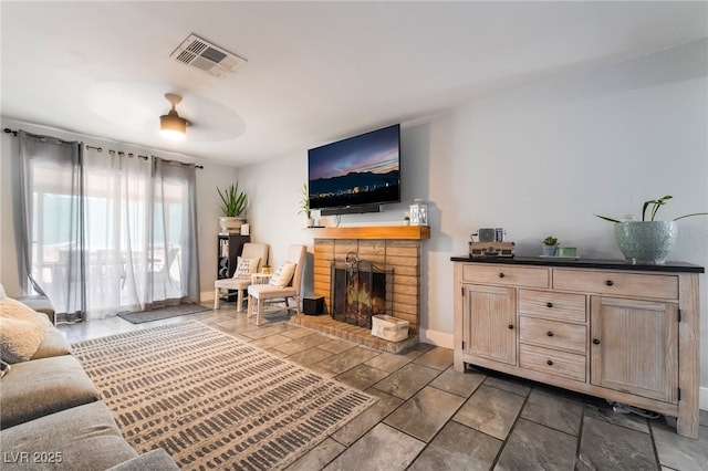 405 Box Elder Way, Henderson, NV 89015 - living area featuring a brick fireplace and stone finish flooring