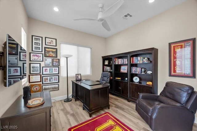 6804 Regency Stone Way, Las Vegas, NV 89148 - office space featuring a ceiling fan, light wood-type flooring, and recessed lighting