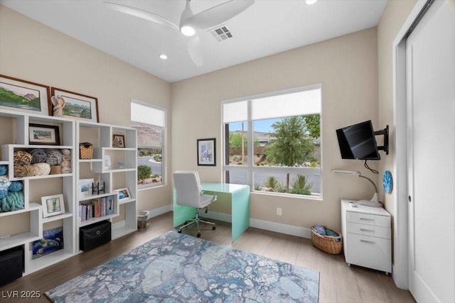 6804 Regency Stone Way, Las Vegas, NV 89148 - office with a ceiling fan, wood finished floors, and recessed lighting