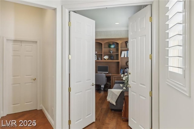 613 Pinnacle Heights Ln, Las Vegas, NV 89144 - corridor featuring an office area, crown molding, and dark wood-style flooring