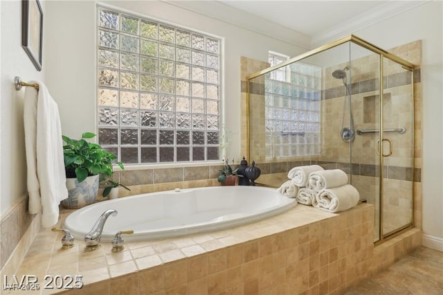 613 Pinnacle Heights Ln, Las Vegas, NV 89144 - full bathroom with a bath, a shower stall, and ornamental molding