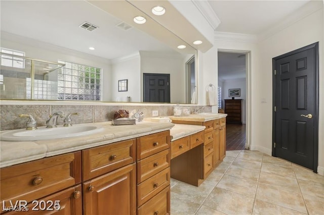 613 Pinnacle Heights Ln, Las Vegas, NV 89144 - full bathroom with double vanity, crown molding, a stall shower, tile patterned flooring, and recessed lighting