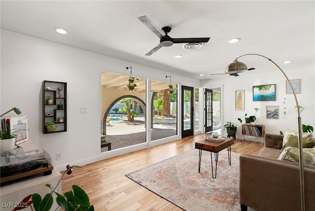 200 Stonewood Ct, Las Vegas, NV 89107 - living room featuring wood finished floors, ceiling fan, and recessed lighting
