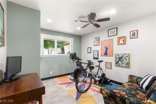 200 Stonewood Ct, Las Vegas, NV 89107 - exercise area featuring a ceiling fan, recessed lighting, and light wood-type flooring
