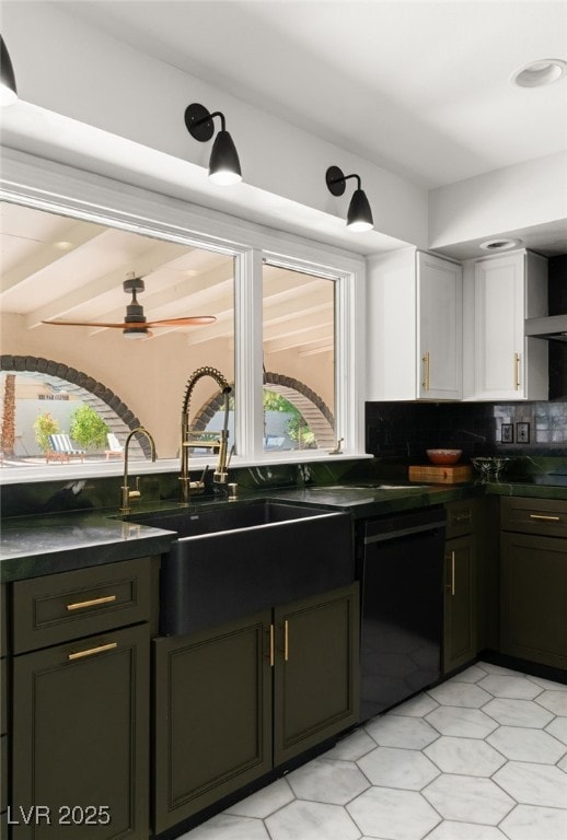 200 Stonewood Ct, Las Vegas, NV 89107 - kitchen with dishwasher, dark countertops, white cabinetry, tasteful backsplash, and a ceiling fan