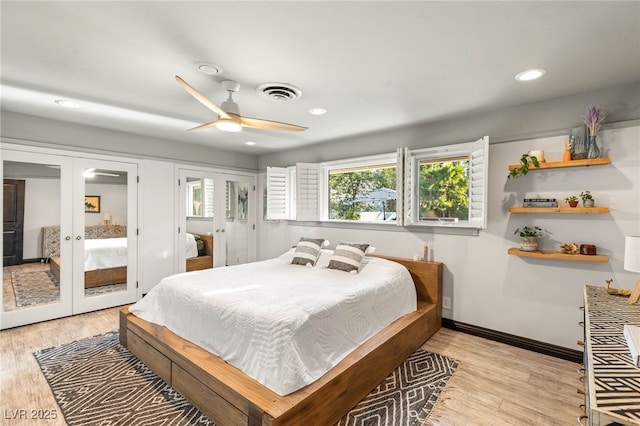 200 Stonewood Ct, Las Vegas, NV 89107 - bedroom with french doors, light wood-type flooring, recessed lighting, ceiling fan, and access to exterior