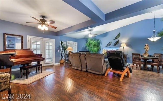 2253 Van Gogh Dr, Henderson, NV 89074 - living area with a ceiling fan, wood finished floors, and beam ceiling