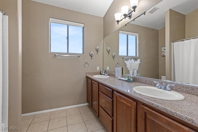 8929 Monte Oro Dr, Las Vegas, NV 89131 - bathroom with double vanity, tile patterned flooring, and curtained shower