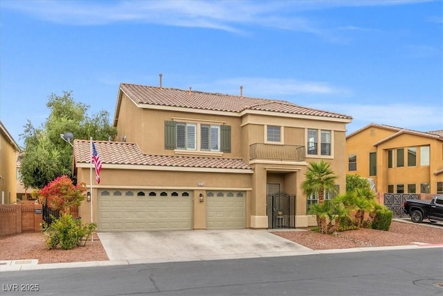 8929 Monte Oro Dr, Las Vegas, NV 89131 - view of front of property with a tiled roof, stucco siding, concrete driveway, a gate, and a garage