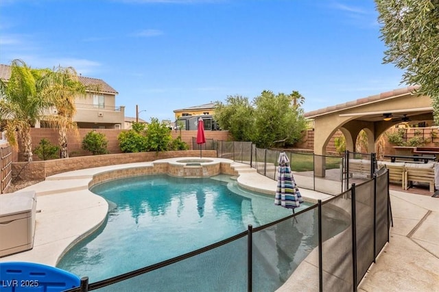 8929 Monte Oro Dr, Las Vegas, NV 89131 - view of pool with a patio area, a fenced backyard, ceiling fan, and a pool with connected hot tub