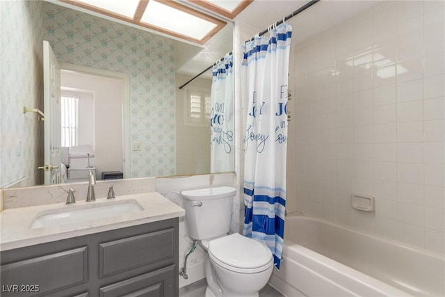 5228 Painted Lakes Way, Las Vegas, NV 89149 - bathroom featuring wallpapered walls, vanity, and shower / bathtub combination with curtain