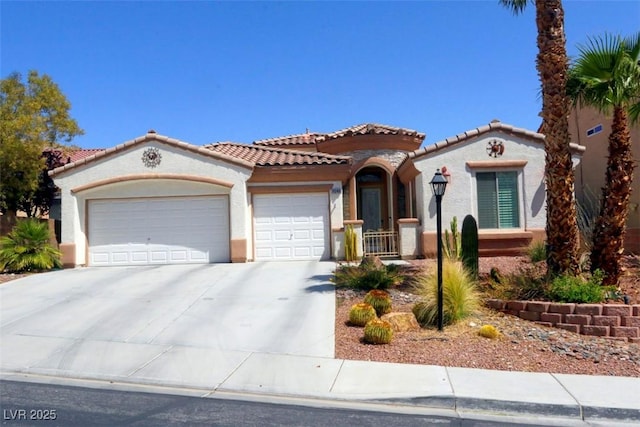 11240 Romette Ct, Las Vegas, NV 89141 - mediterranean / spanish house featuring an attached garage, driveway, stucco siding, and a tile roof