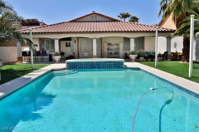 11240 Romette Ct, Las Vegas, NV 89141 - rear view of property with an outdoor pool, stucco siding, a lawn, and outdoor lounge area