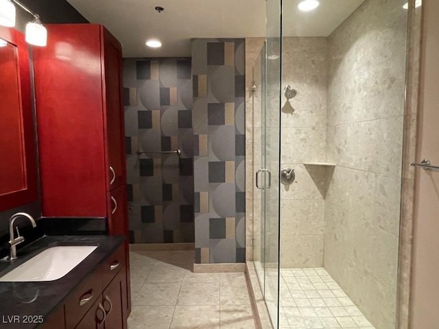 4575 Dean Martin Dr Unit 705, Las Vegas, NV 89103 - full bathroom with vanity, a stall shower, recessed lighting, and tile patterned floors
