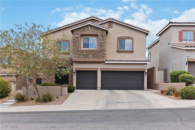 176 Dunblane St, Henderson, NV 89012 - traditional-style house with stucco siding, an attached garage, stone siding, and concrete driveway