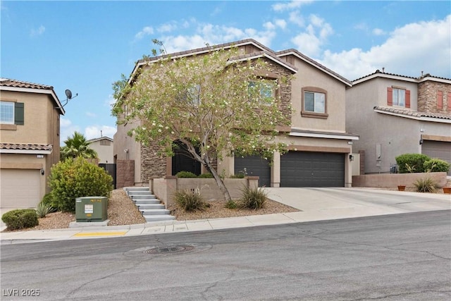 176 Dunblane St, Henderson, NV 89012 - view of front facade with stucco siding, a garage, driveway, and stone siding