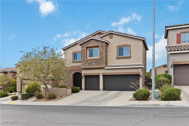 176 Dunblane St, Henderson, NV 89012 - traditional-style house featuring stucco siding, an attached garage, stone siding, and concrete driveway