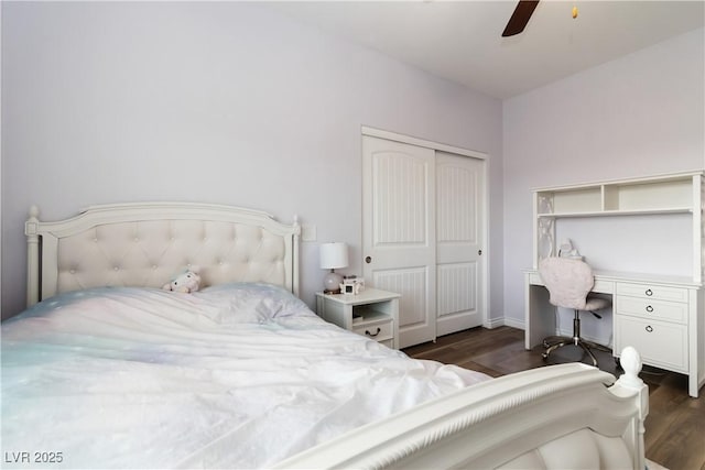 176 Dunblane St, Henderson, NV 89012 - bedroom featuring dark wood-style flooring, a closet, and ceiling fan