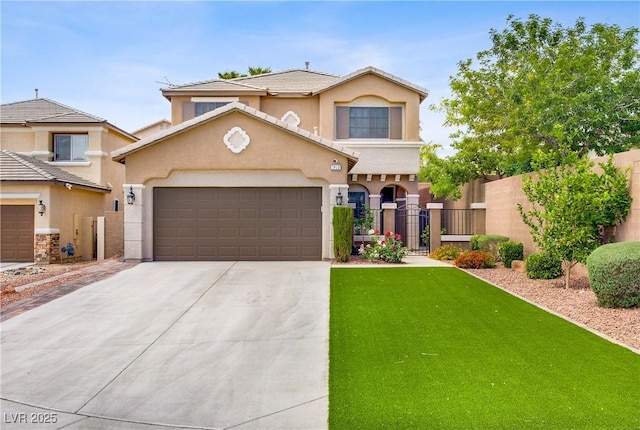 7013 Bisoni St, Las Vegas, NV 89149 - view of front facade featuring concrete driveway, stucco siding, a garage, a gate, and a tiled roof