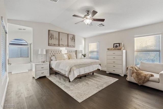 8325 Winterchase Pl, Las Vegas, NV 89143 - bedroom featuring dark wood-style floors, lofted ceiling, and a ceiling fan