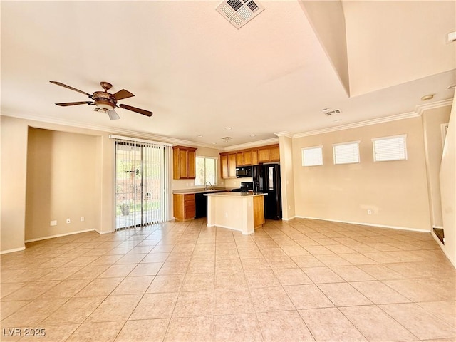 5517 Overlook Valley St, North Las Vegas, NV 89081 - kitchen featuring open floor plan, black appliances, light tile patterned flooring, ornamental molding, and ceiling fan