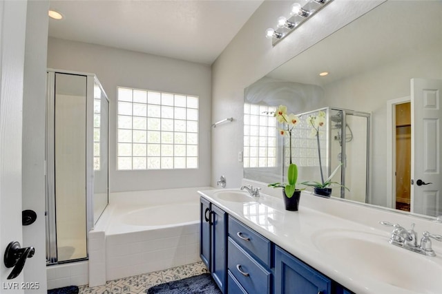 2766 Mintlaw Ave, Henderson, NV 89044 - full bath featuring a shower stall, a garden tub, double vanity, and tile patterned floors