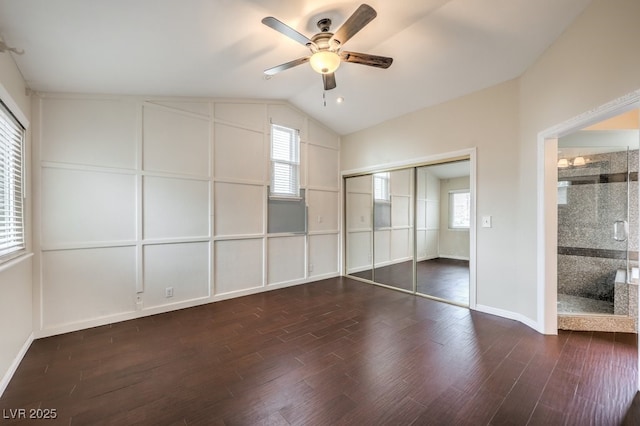 56 Westheimer Rd, Henderson, NV 89074 - unfurnished bedroom with vaulted ceiling, wood finished floors, a closet, and ceiling fan