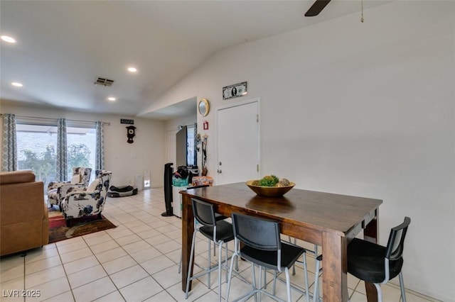 1949 King Hill St, Las Vegas, NV 89106 - dining area with vaulted ceiling, light tile patterned floors, recessed lighting, and a ceiling fan