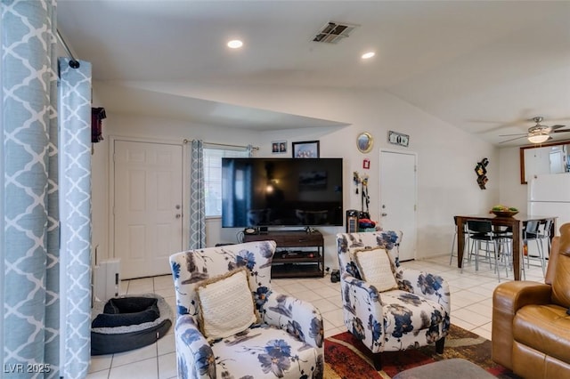 1949 King Hill St, Las Vegas, NV 89106 - living area with lofted ceiling, light tile patterned flooring, and ceiling fan