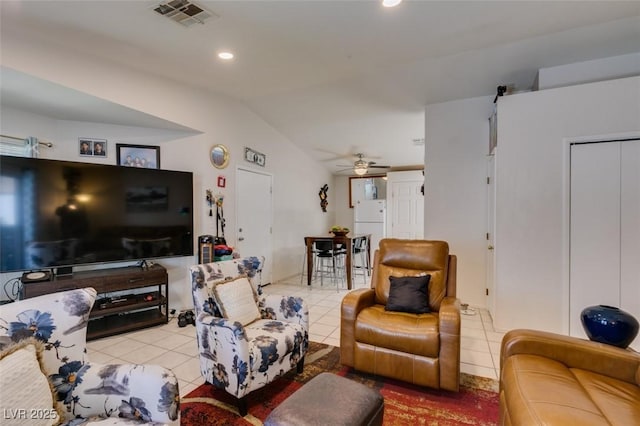 1949 King Hill St, Las Vegas, NV 89106 - tiled living room featuring vaulted ceiling, a ceiling fan, and recessed lighting