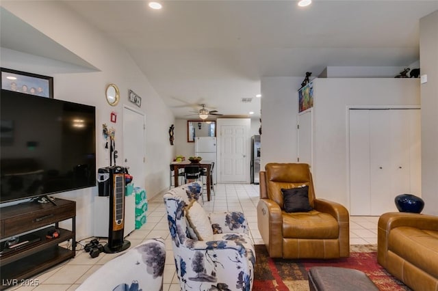 1949 King Hill St, Las Vegas, NV 89106 - living room featuring light tile patterned floors, recessed lighting, and ceiling fan