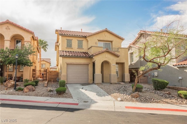 1161 Gecko Rd, Henderson, NV 89002 - mediterranean / spanish house with stucco siding, a balcony, driveway, a tile roof, and a garage
