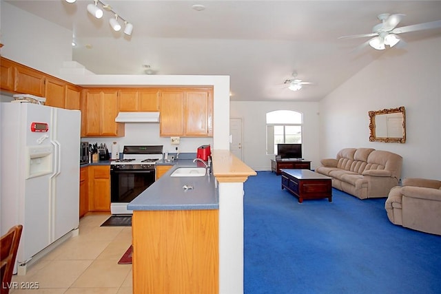 6249 Halehaven Dr, Las Vegas, NV 89110 - kitchen featuring white appliances, open floor plan, a ceiling fan, under cabinet range hood, and a peninsula