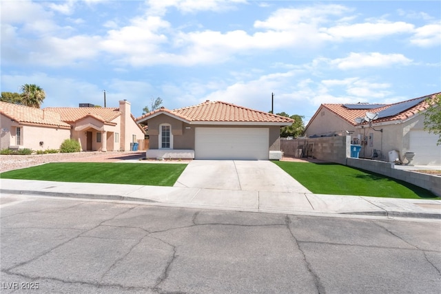 5524 Cleary Ct, Las Vegas, NV 89108 - mediterranean / spanish home featuring stucco siding, a tile roof, a garage, concrete driveway, and a chimney
