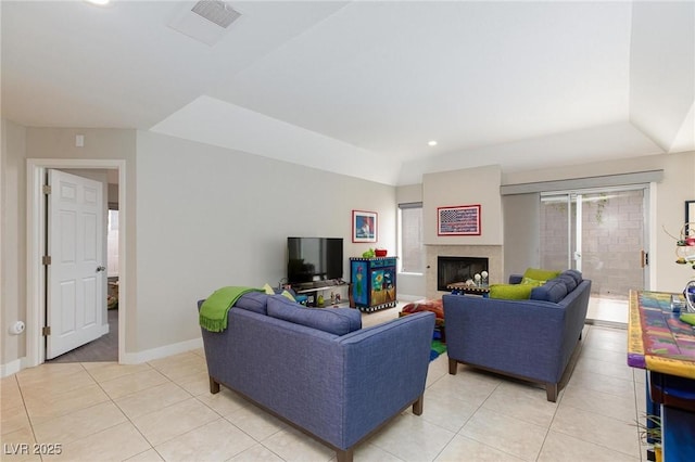 9836 Russett Wood Cir, Las Vegas, NV 89117 - living room featuring light tile patterned floors, a fireplace, and recessed lighting