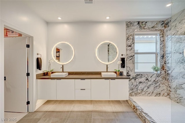 2670 Skylark Trail St, Henderson, NV 89044 - full bathroom featuring double vanity, recessed lighting, and a shower