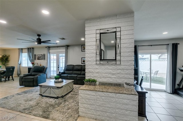 1705 Ivanhoe Way, Las Vegas, NV 89102 - tiled living area with a ceiling fan, recessed lighting, and french doors