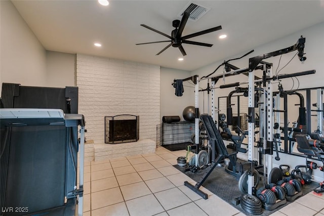 1705 Ivanhoe Way, Las Vegas, NV 89102 - workout area with a ceiling fan, recessed lighting, and a brick fireplace