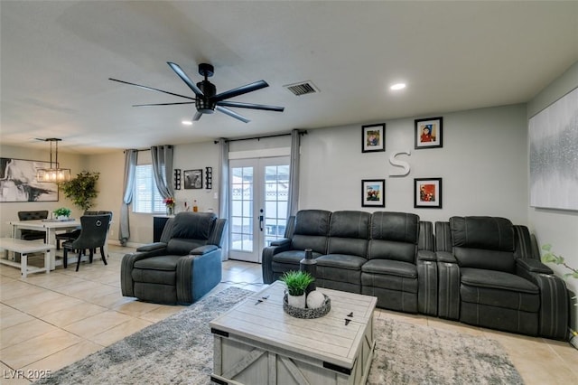 1705 Ivanhoe Way, Las Vegas, NV 89102 - living room featuring light tile patterned flooring, ceiling fan, french doors, and recessed lighting