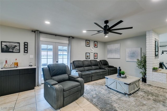 1705 Ivanhoe Way, Las Vegas, NV 89102 - living area featuring a ceiling fan, light tile patterned floors, recessed lighting, and french doors