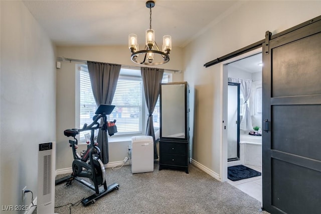1705 Ivanhoe Way, Las Vegas, NV 89102 - workout area featuring a chandelier, a barn door, light carpet, and vaulted ceiling