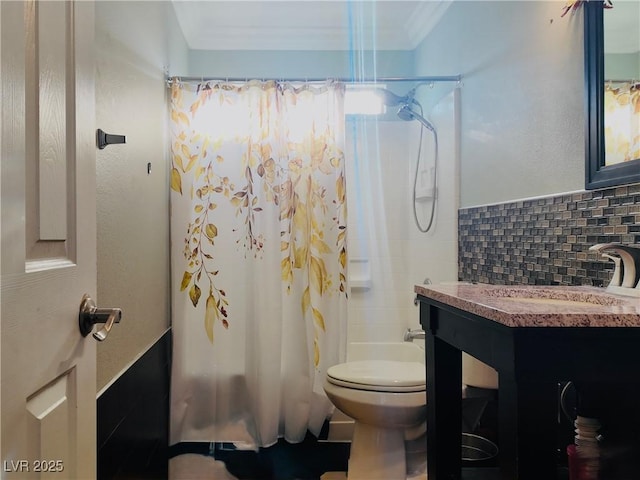 3009 Austin Pale Ave, North Las Vegas, NV 89081 - full bathroom featuring shower / bath combo, vanity, tasteful backsplash, and ornamental molding