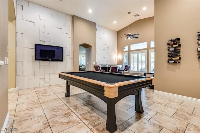5681 Exotic Rosette Ave, Las Vegas, NV 89139 - game room with a ceiling fan, pool table, high vaulted ceiling, arched walkways, and recessed lighting