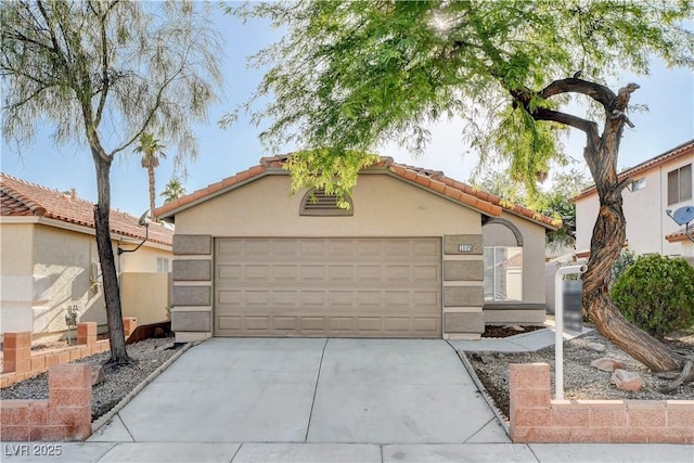 1005 Transom Dr, Las Vegas, NV 89128 - mediterranean / spanish home with concrete driveway, an attached garage, stucco siding, and a tiled roof