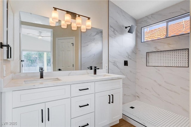 1005 Transom Dr, Las Vegas, NV 89128 - full bath with a marble finish shower, double vanity, and healthy amount of natural light