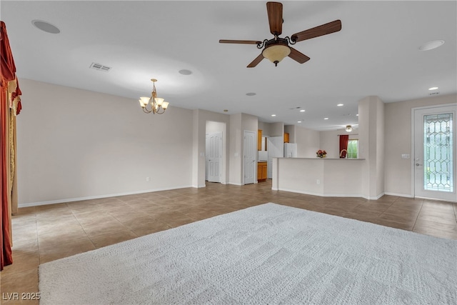 2244 Savannah River St, Henderson, NV 89044 - unfurnished living room with tile patterned floors, ceiling fan, a chandelier, and recessed lighting
