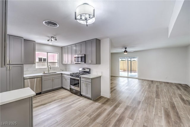 516 Donner St, Las Vegas, NV 89107 - kitchen featuring appliances with stainless steel finishes, gray cabinets, light countertops, open floor plan, and light wood finished floors
